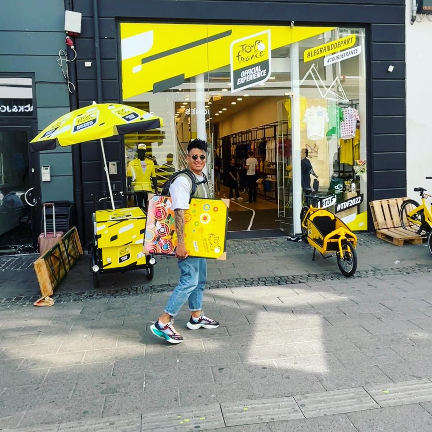 Morten with a poster outside the Tour de France Official Store in Copenhagen